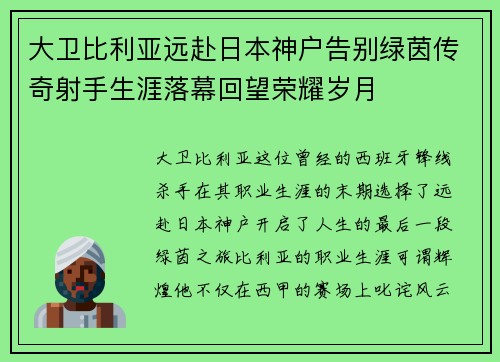 大卫比利亚远赴日本神户告别绿茵传奇射手生涯落幕回望荣耀岁月 大卫比利亚远赴日本神户告别绿茵传奇射手生涯落幕回望荣耀岁月